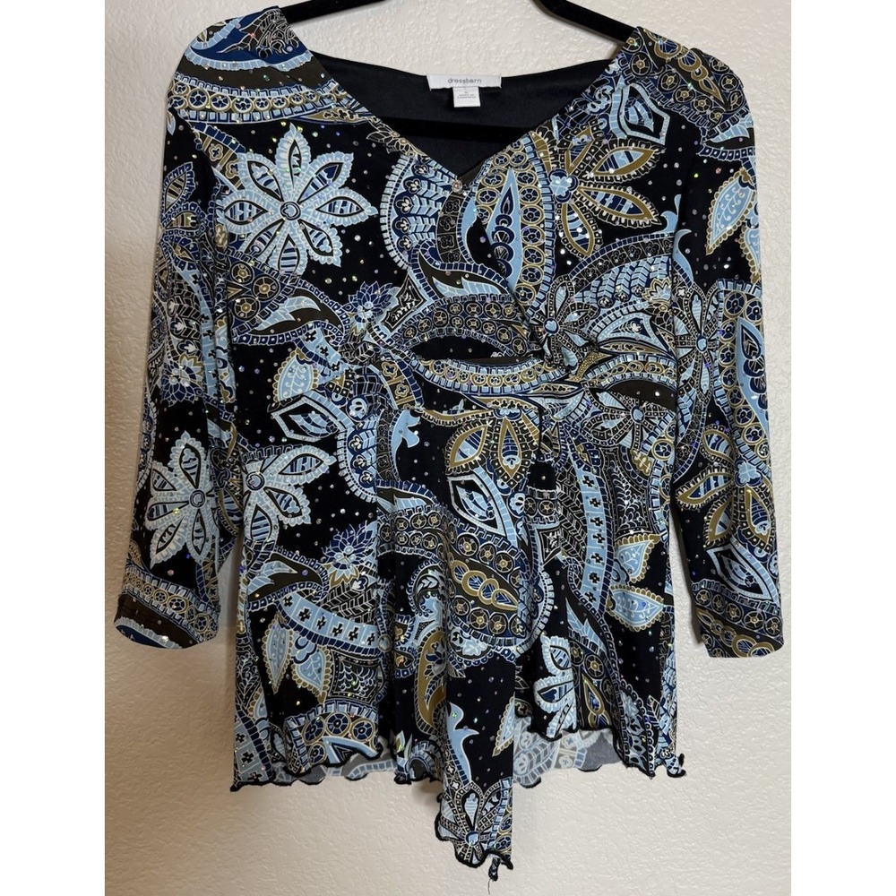 Dressbarn Womens S Blouse Blue Paisley Sequin V Neck 3/4 Sleeve Top Office Chic